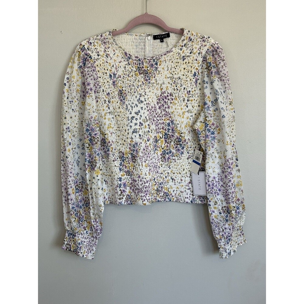 1. STATE Blouse Women's XL Round Neck Shirred Spring Floral Volume Sleeves NWT